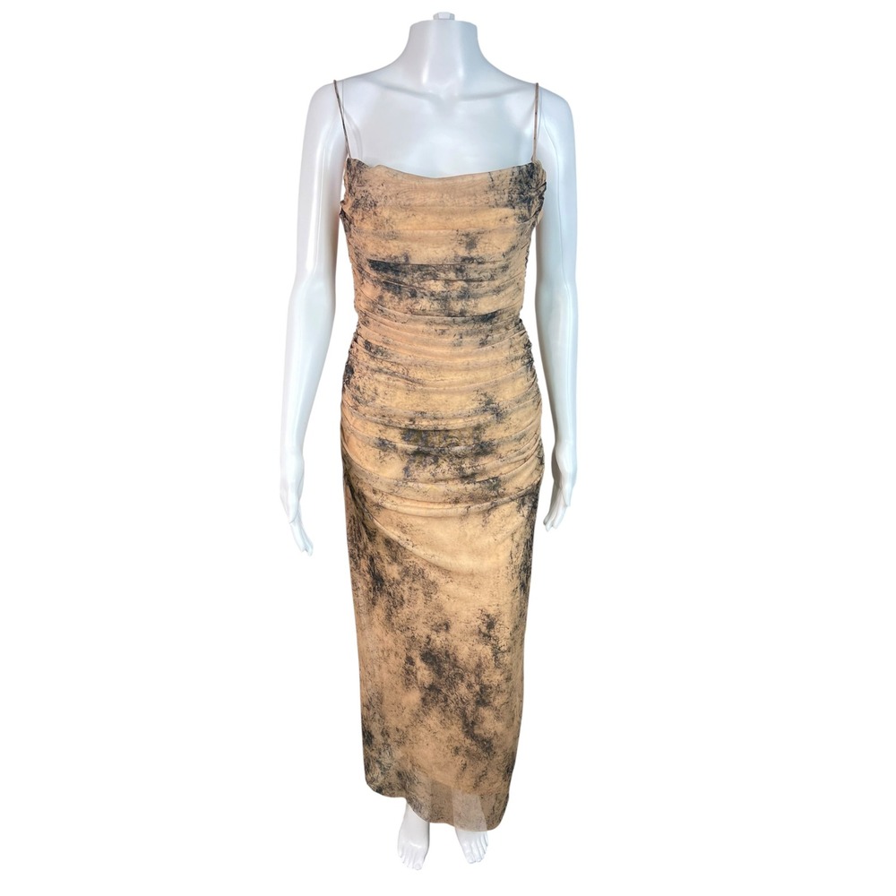 Zara Women's Dress Medium Ruched Mesh Midi Tan Blush Bodycon Whimsical Boho NEW